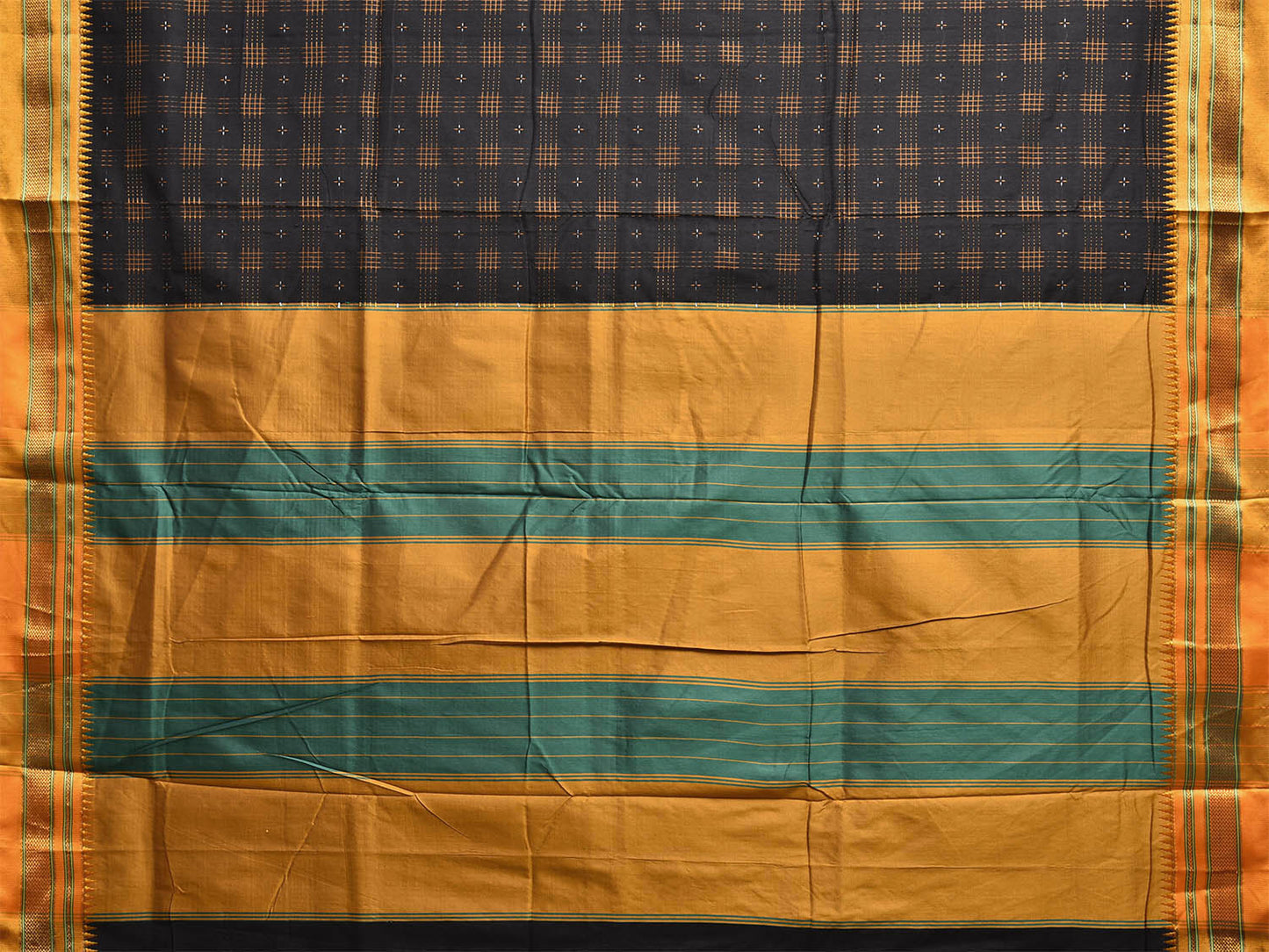 Black and Yellow ilkal Cotton Viscose Saree with Checks and Strips Pallu Design No Blouse il0005