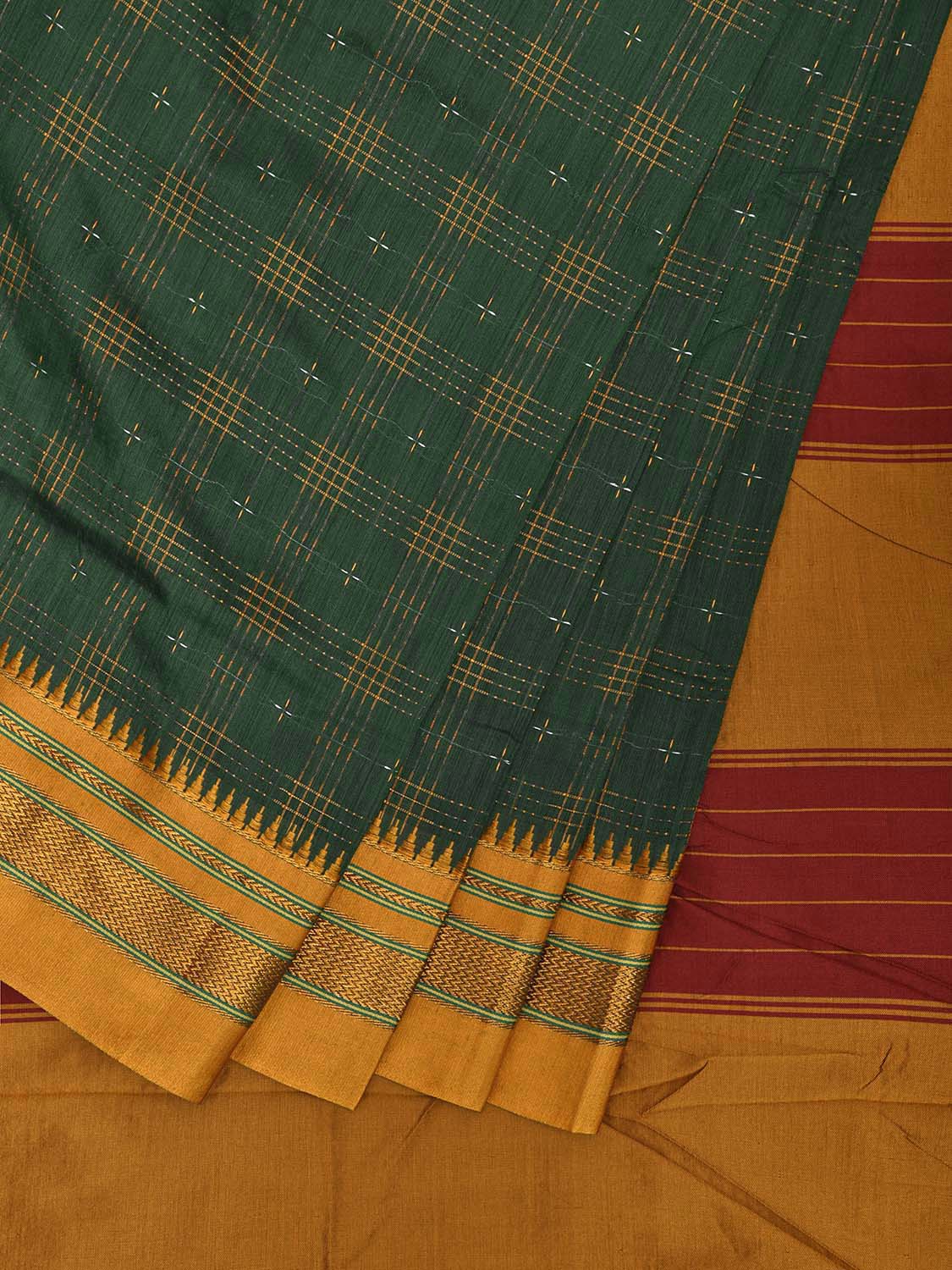 Green and Yellow ilkal Cotton Viscose Saree with Checks and Strips Pallu Design No Blouse il0006
