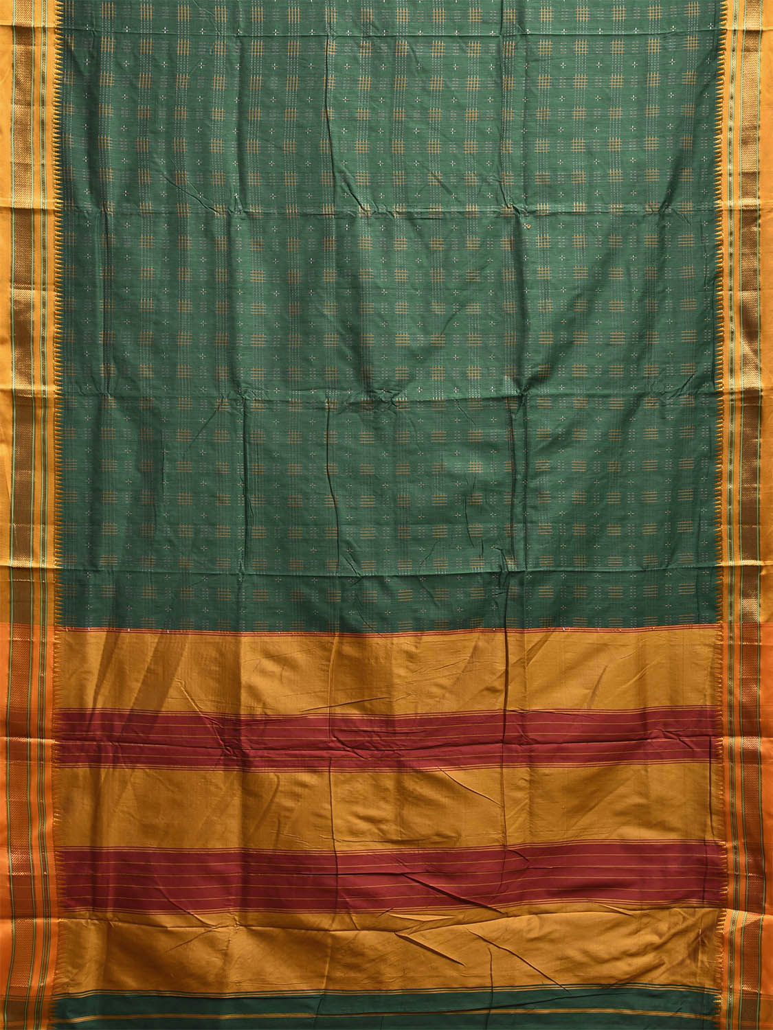 Green and Yellow ilkal Cotton Viscose Saree with Checks and Strips Pallu Design No Blouse il0006