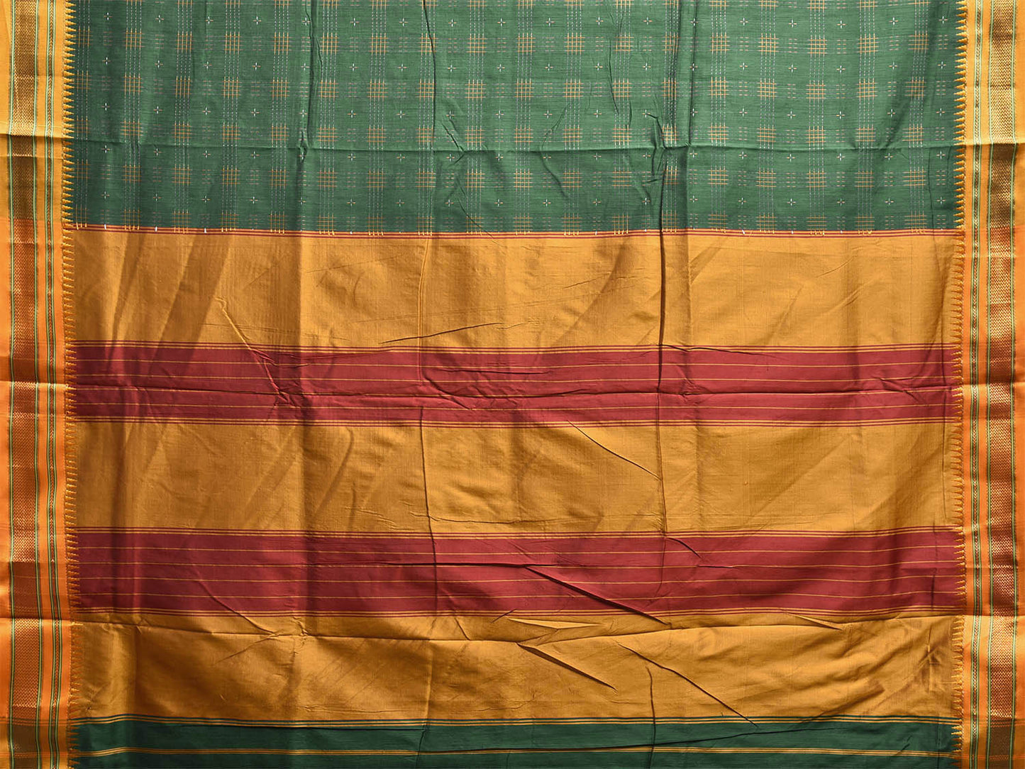 Green and Yellow ilkal Cotton Viscose Saree with Checks and Strips Pallu Design No Blouse il0006