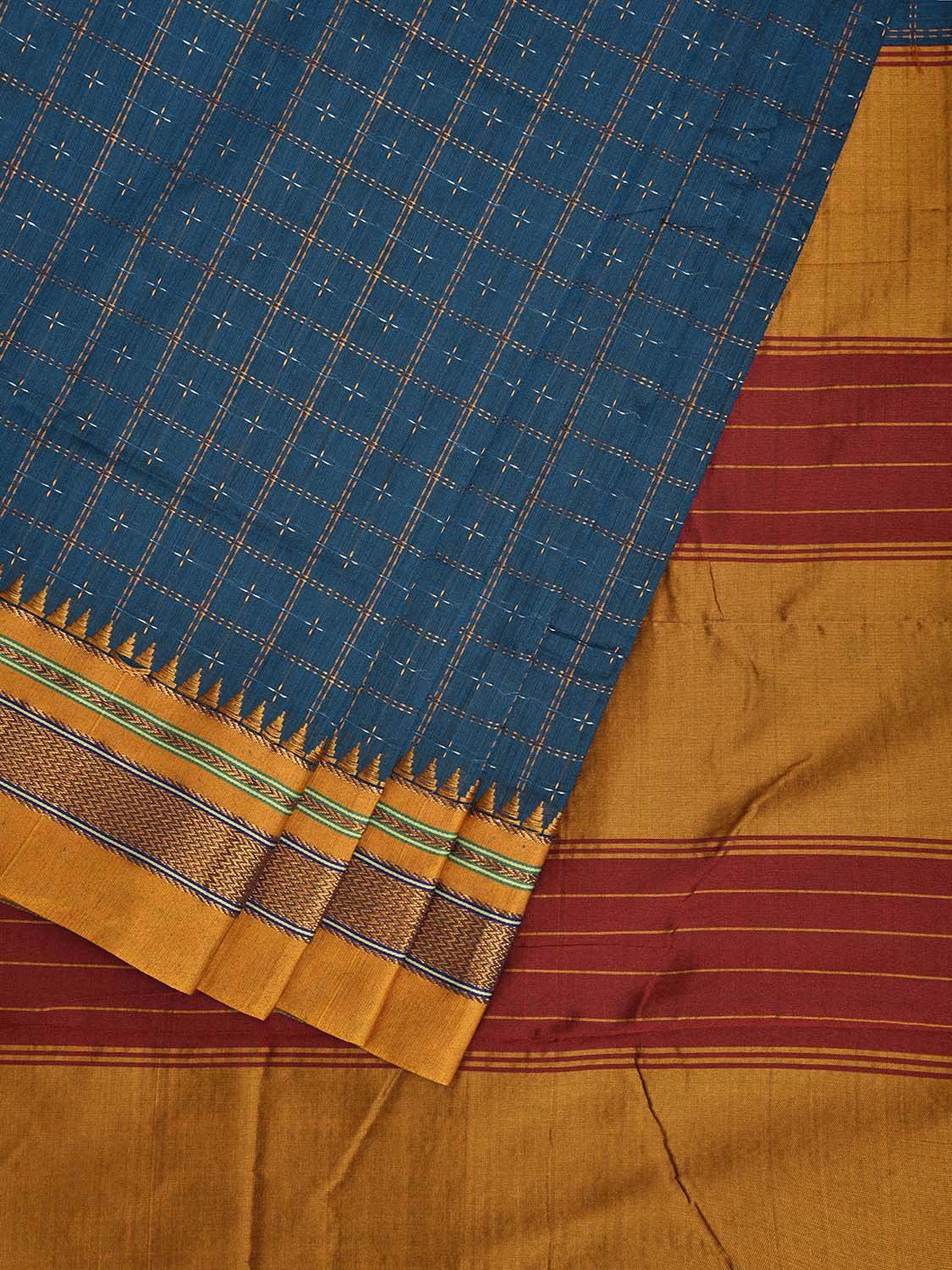 Blue and Yellow ilkal Cotton Viscose Saree with Checks and Strips Pallu Design No Blouse il0007