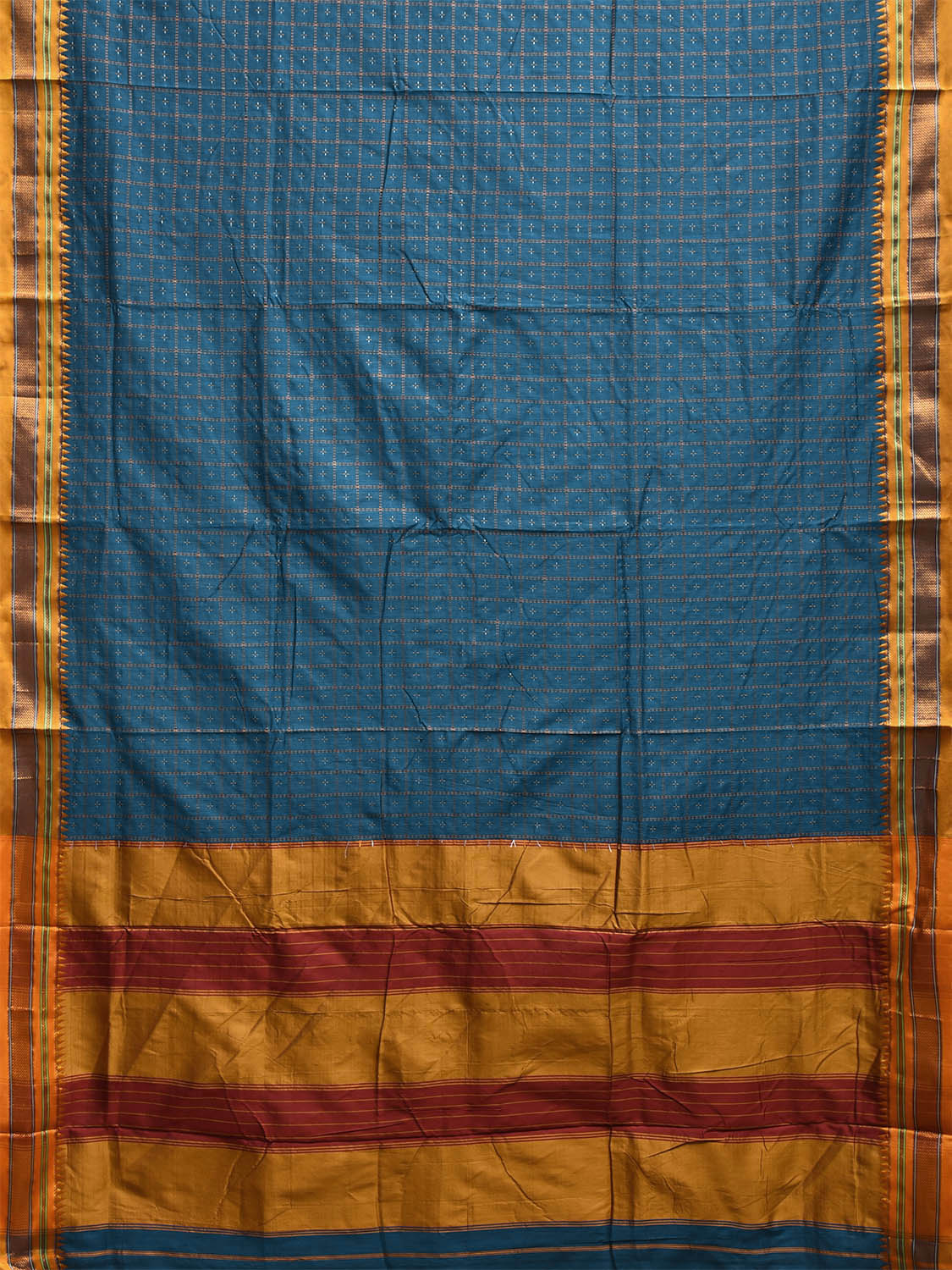 Blue and Yellow ilkal Cotton Viscose Saree with Checks and Strips Pallu Design No Blouse il0007