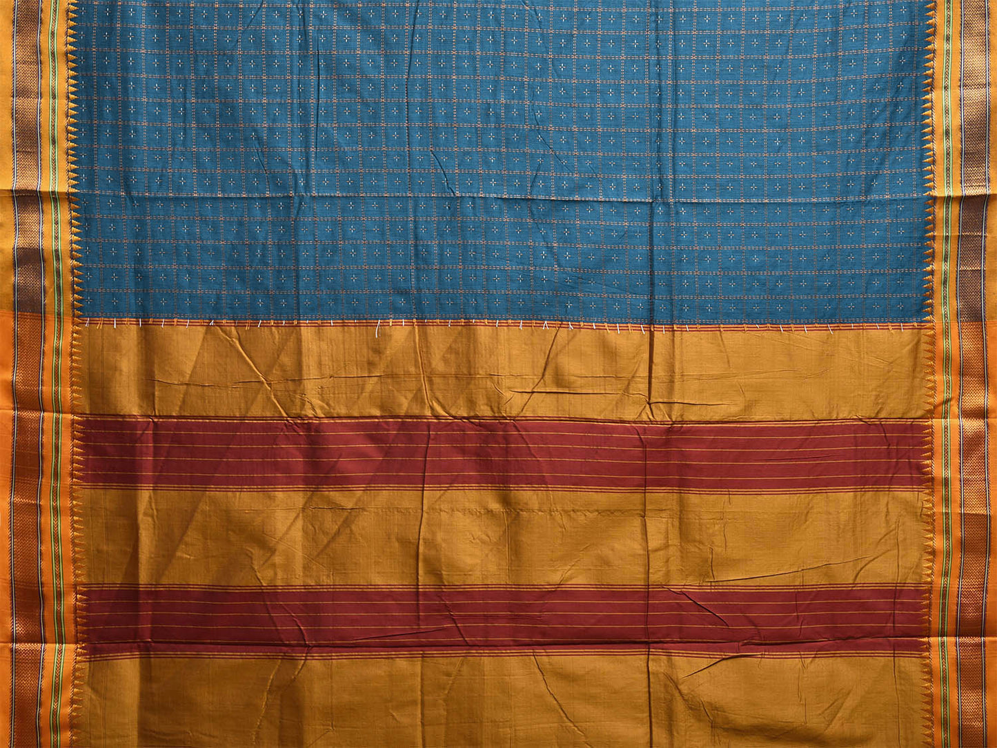 Blue and Yellow ilkal Cotton Viscose Saree with Checks and Strips Pallu Design No Blouse il0007