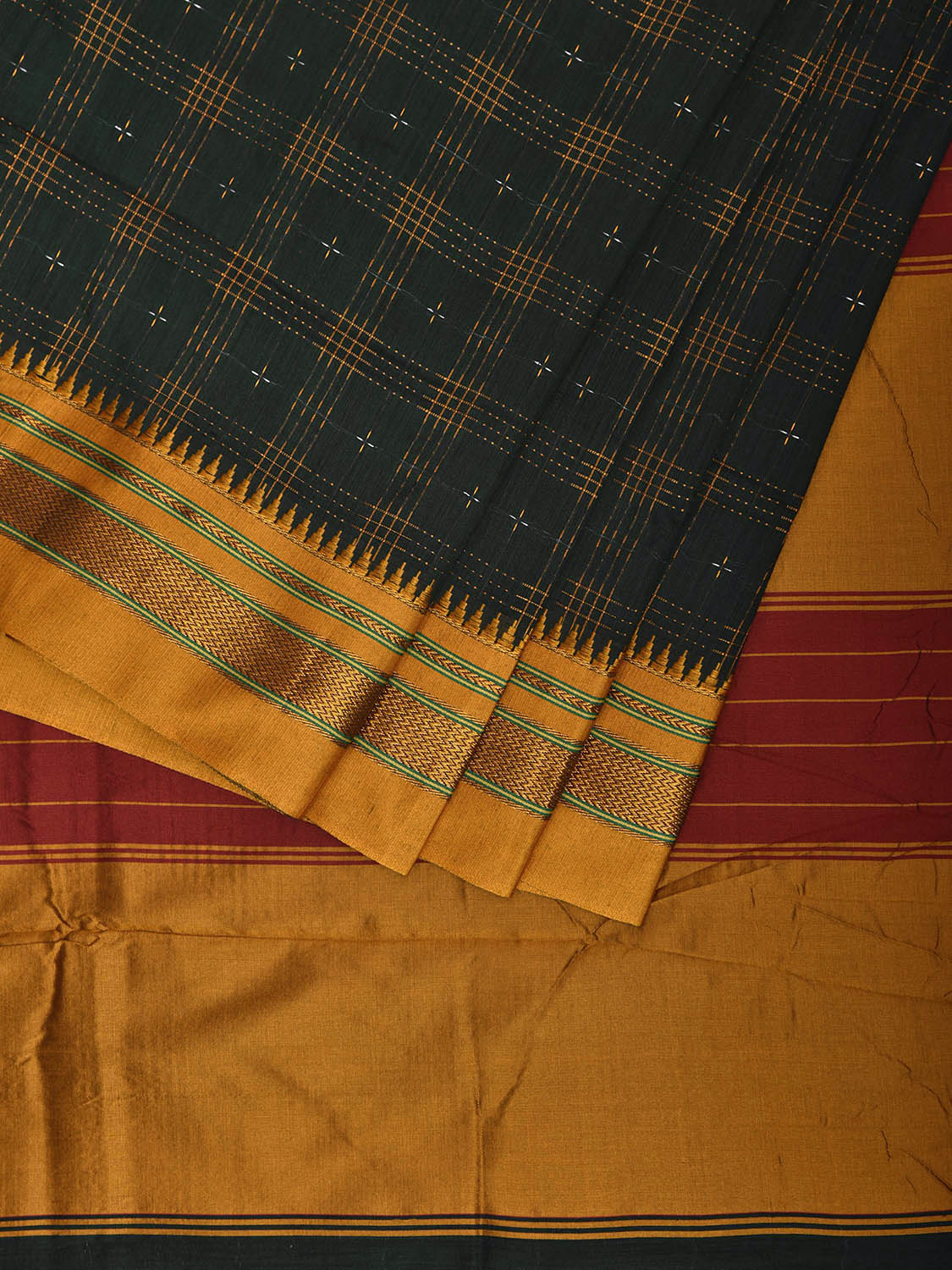 Dark Green and Yellow ilkal Cotton Viscose Saree with Checks and Strips Pallu Design No Blouse il0008