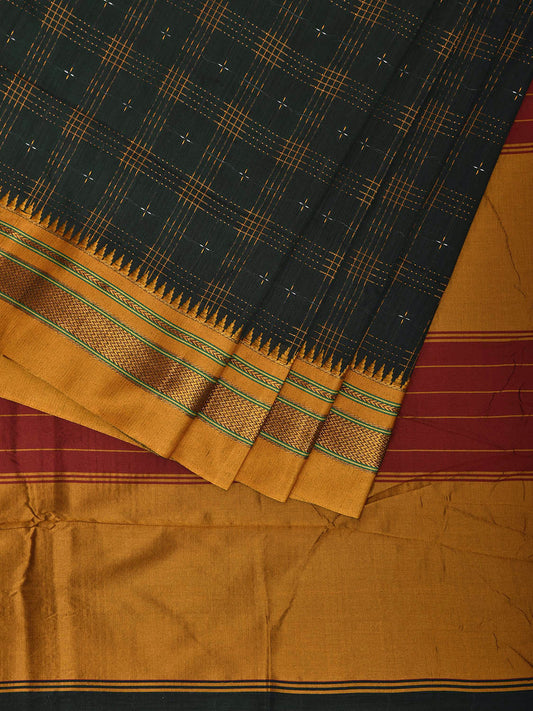 Dark Green and Yellow ilkal Cotton Viscose Saree with Checks and Strips Pallu Design No Blouse il0008