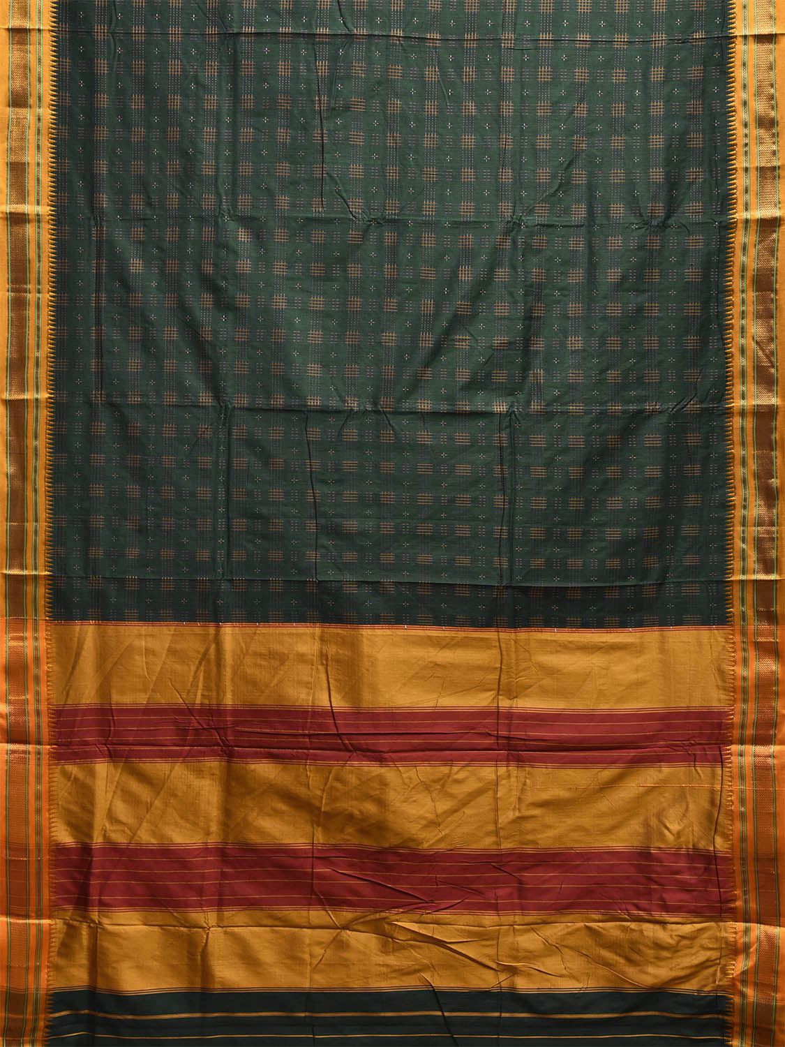 Dark Green and Yellow ilkal Cotton Viscose Saree with Checks and Strips Pallu Design No Blouse il0008
