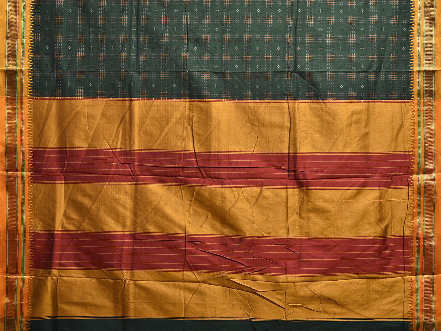 Dark Green and Yellow ilkal Cotton Viscose Saree with Checks and Strips Pallu Design No Blouse il0008