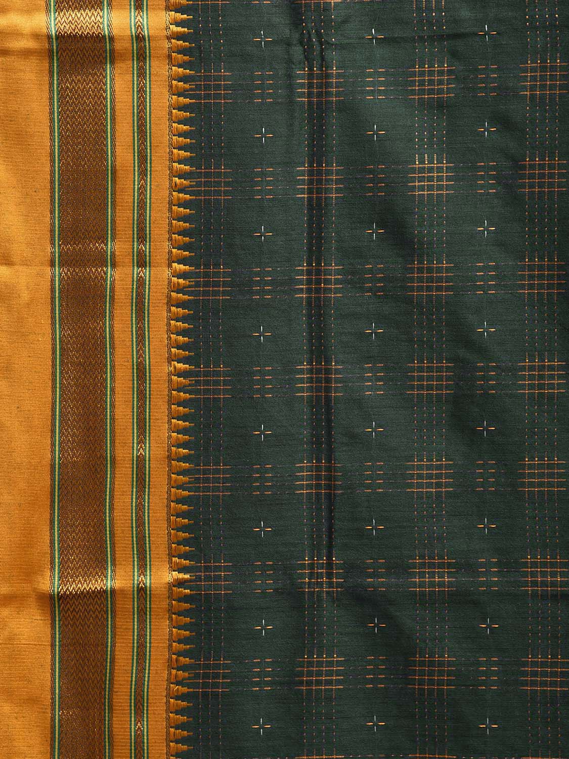 Dark Green and Yellow ilkal Cotton Viscose Saree with Checks and Strips Pallu Design No Blouse il0008