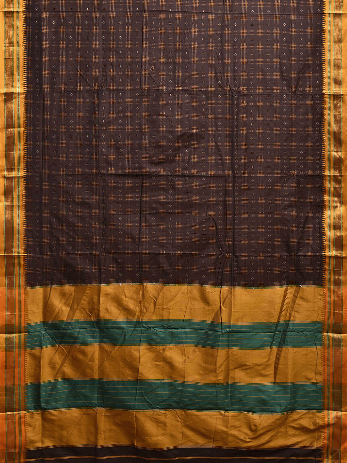 Brown and Yellow ilkal Cotton Viscose Saree with Checks and Strips Pallu Design No Blouse il0009