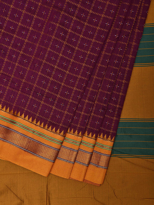 Magenta and Yellow ilkal Cotton Viscose Saree with Checks and Strips Pallu Design No Blouse il0010