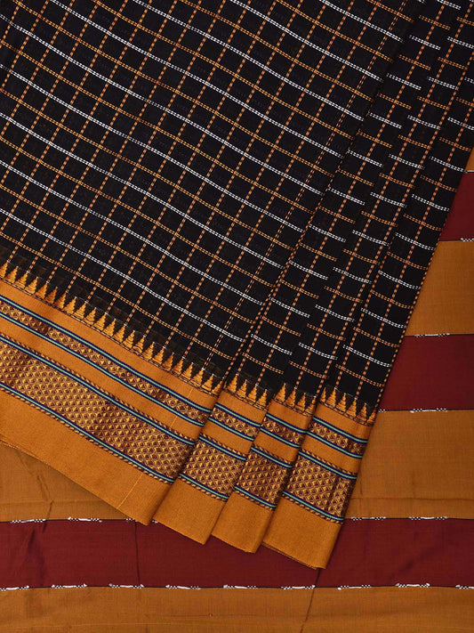 Black and Yellow ilkal Cotton Viscose Saree with Checks and Strips Pallu Design No Blouse il0011