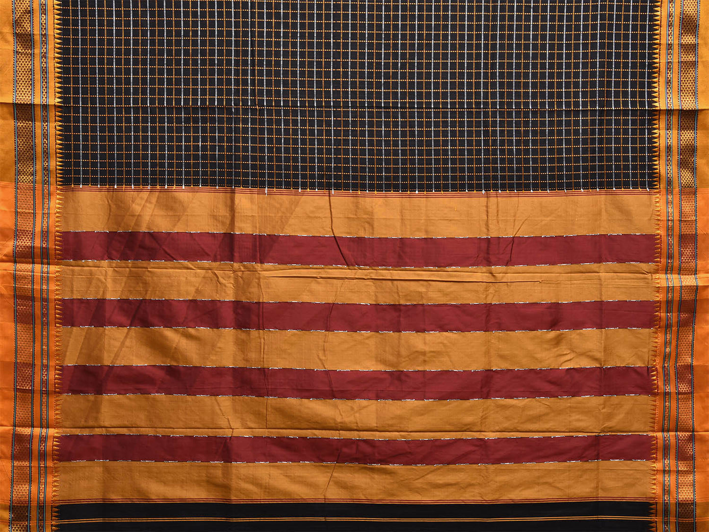 Black and Yellow ilkal Cotton Viscose Saree with Checks and Strips Pallu Design No Blouse il0011