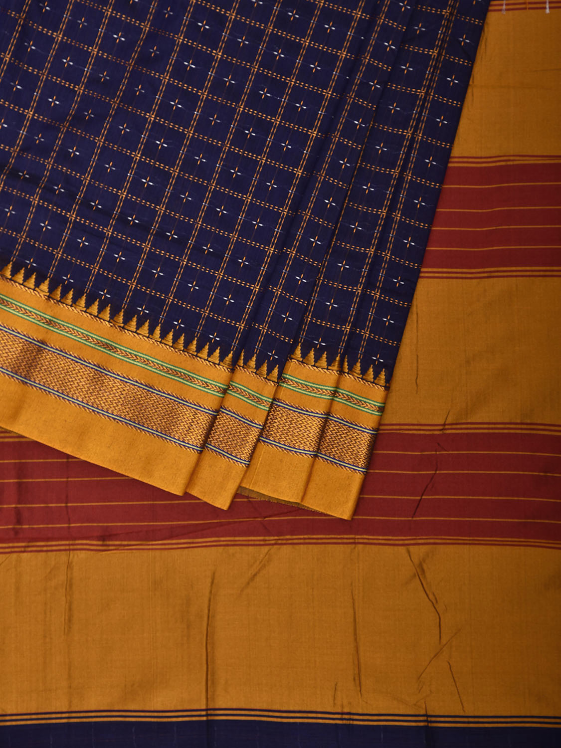 Dark Blue and Yellow ilkal Cotton Viscose Saree with Checks and Strips Pallu Design No Blouse il0012
