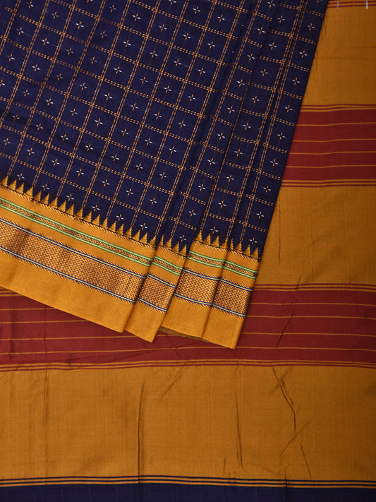 Dark Blue and Yellow ilkal Cotton Viscose Saree with Checks and Strips Pallu Design No Blouse il0012