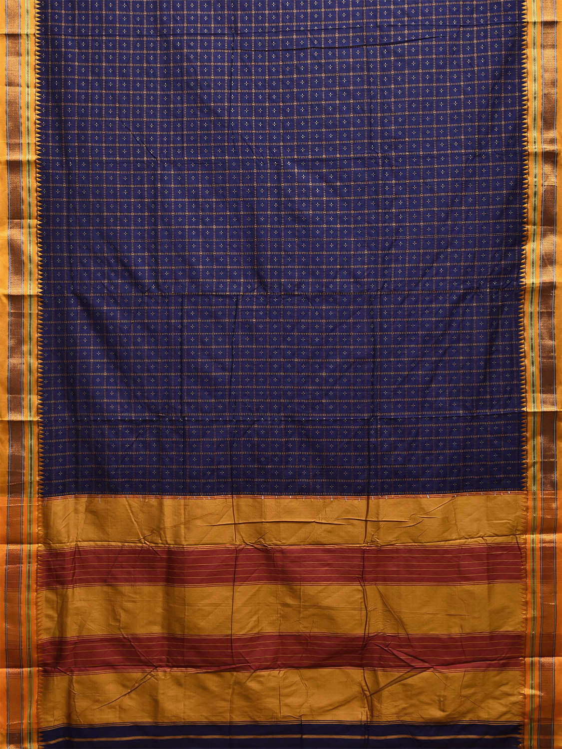 Dark Blue and Yellow ilkal Cotton Viscose Saree with Checks and Strips Pallu Design No Blouse il0012