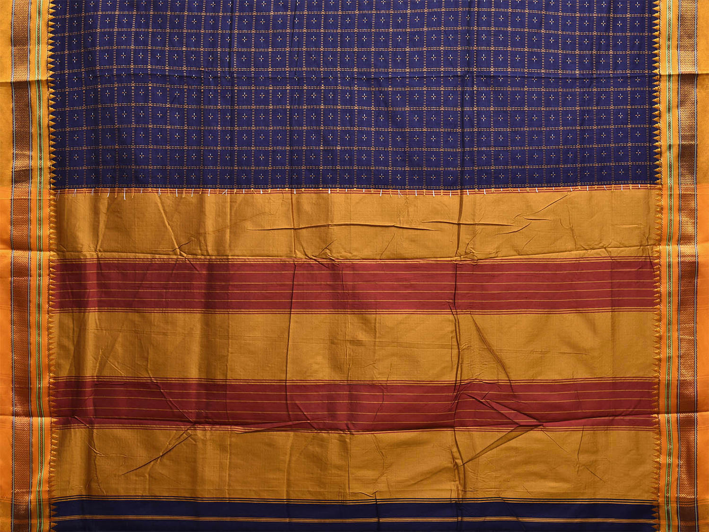 Dark Blue and Yellow ilkal Cotton Viscose Saree with Checks and Strips Pallu Design No Blouse il0012