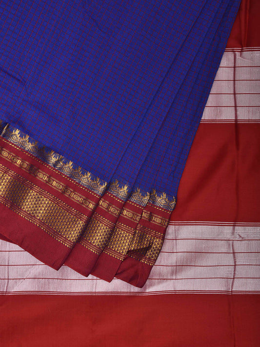 Blue and Red ilkal Viscose Silk Saree with Checks and Contrast Teni Tope Kammi Pallu Design il0019