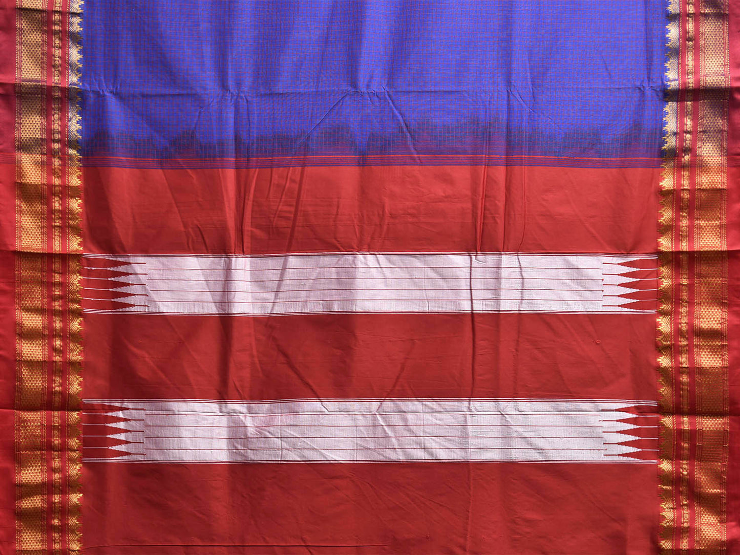 Blue and Red ilkal Viscose Silk Saree with Checks and Contrast Teni Tope Kammi Pallu Design il0019