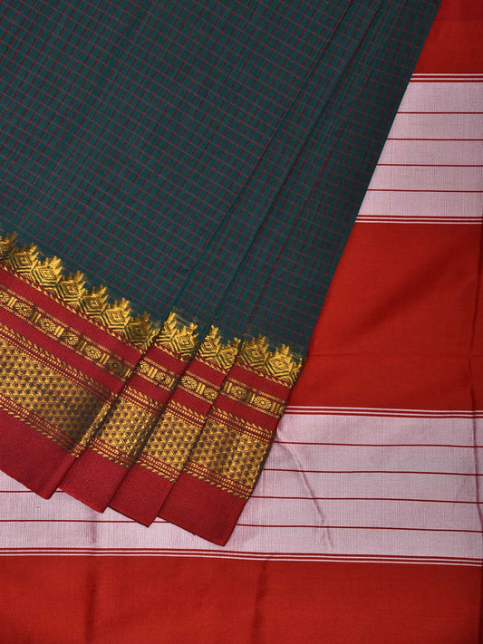 Teal and Red ilkal Viscose Silk Saree with Checks and Contrast Teni Tope Kammi Pallu Design il0020