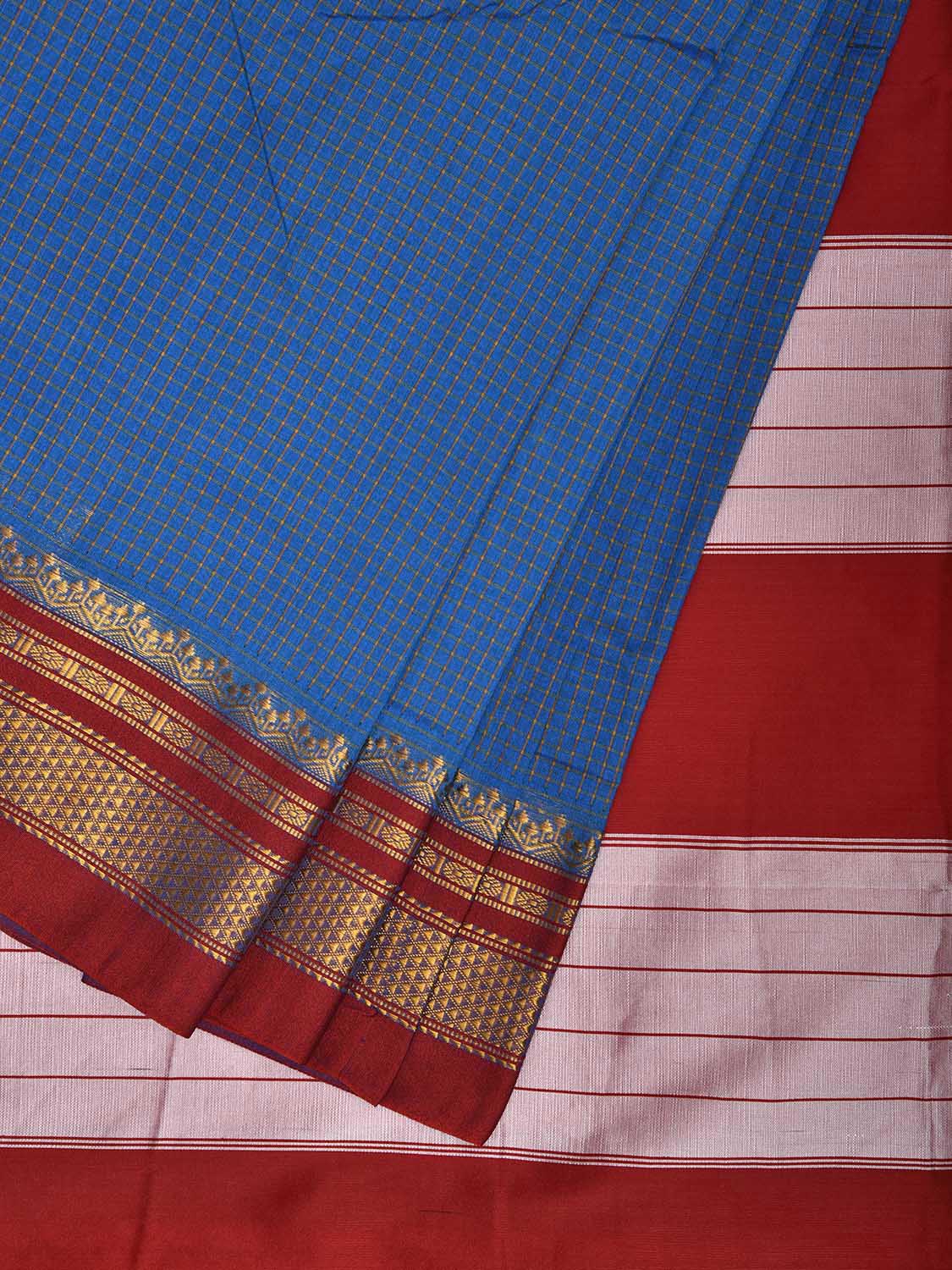 Blue and Red ilkal Viscose Silk Saree with Checks and Contrast Teni Tope Kammi Pallu Design il0021