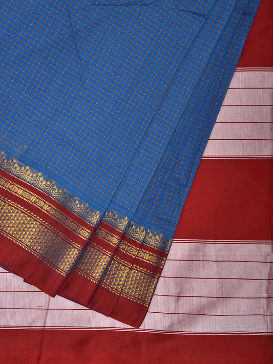 Blue and Red ilkal Viscose Silk Saree with Checks and Contrast Teni Tope Kammi Pallu Design il0021