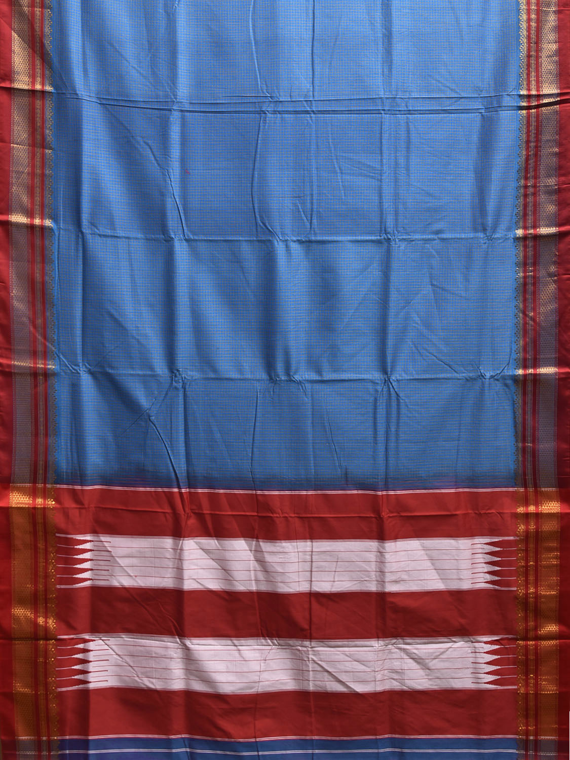 Blue and Red ilkal Viscose Silk Saree with Checks and Contrast Teni Tope Kammi Pallu Design il0021