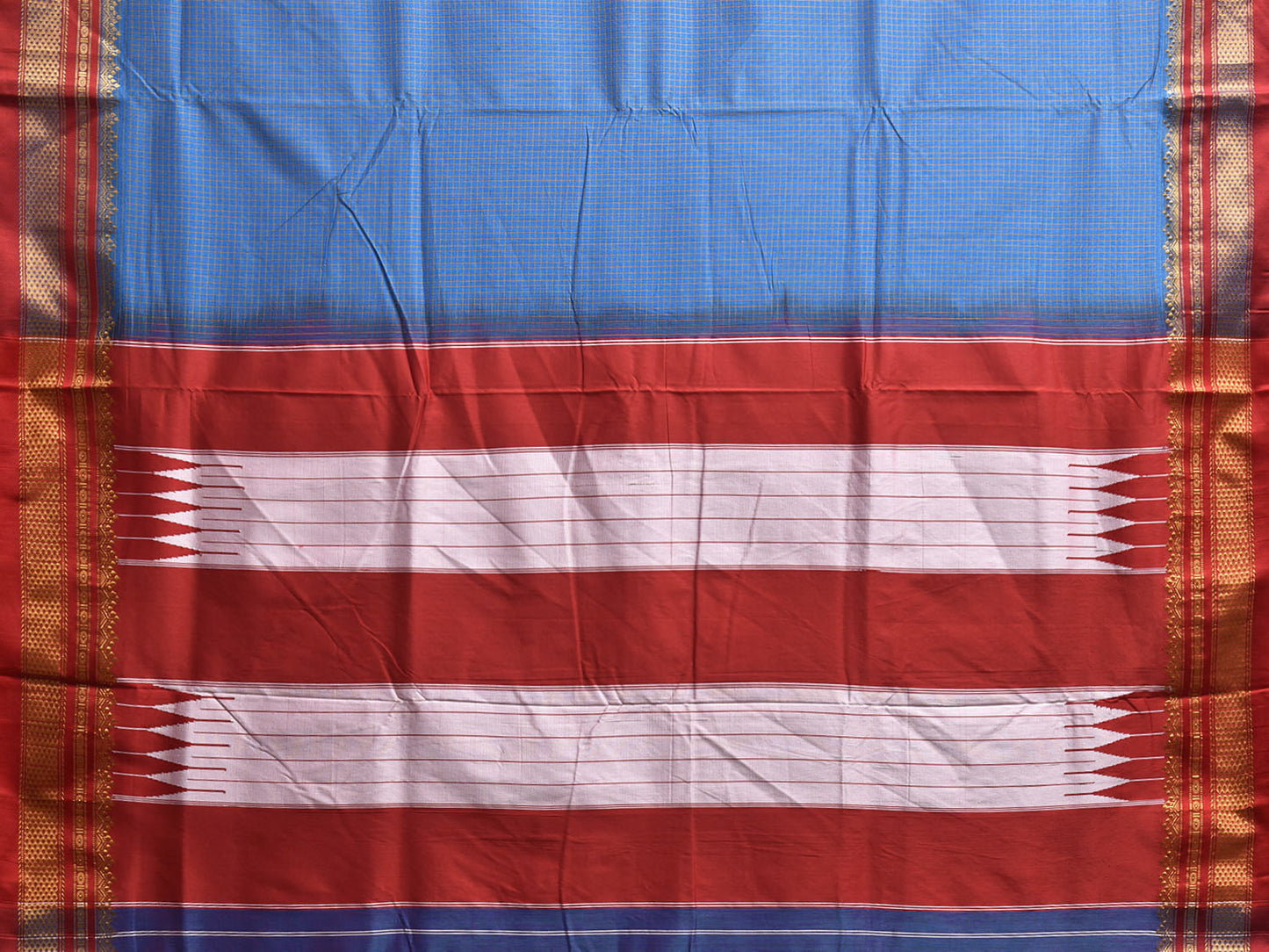 Blue and Red ilkal Viscose Silk Saree with Checks and Contrast Teni Tope Kammi Pallu Design il0021