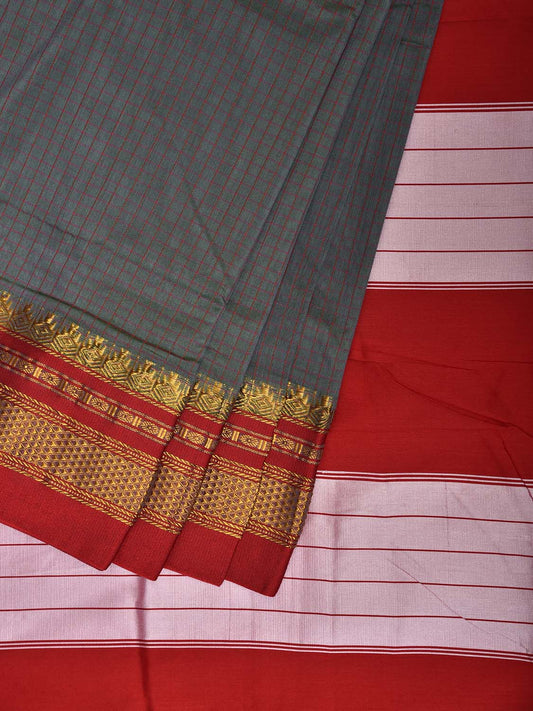 Grey and Red ilkal Viscose Silk Saree with Checks and Contrast Teni Tope Kammi Pallu Design il0022