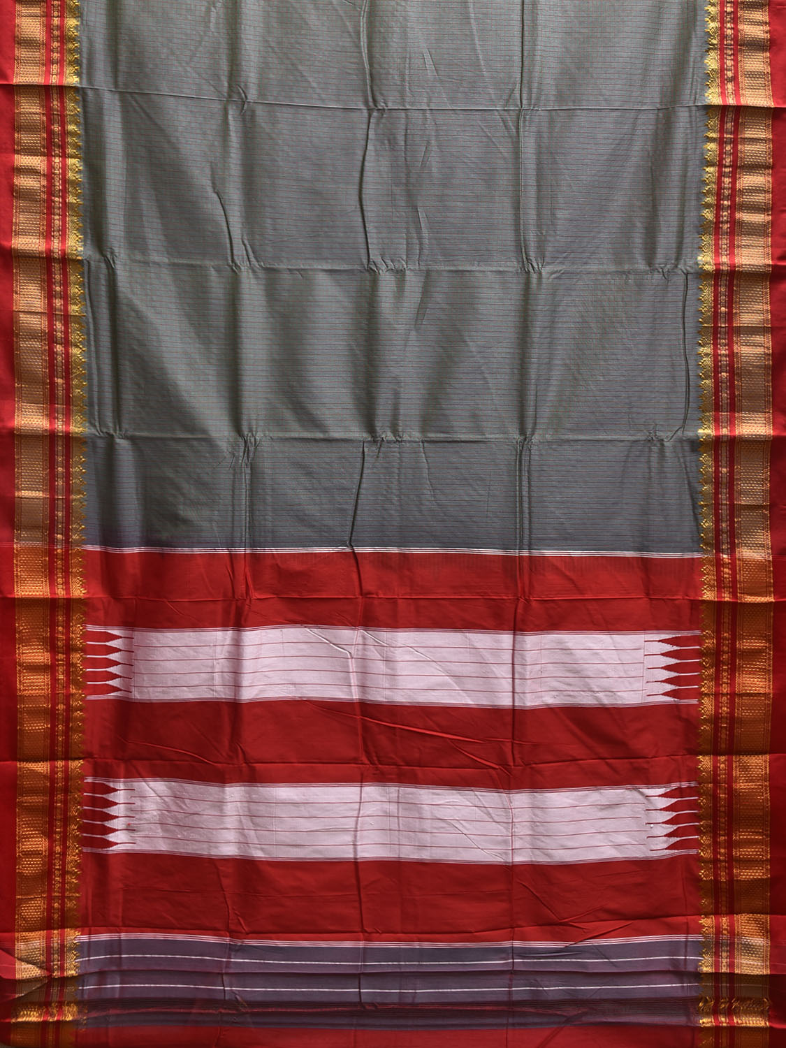 Grey and Red ilkal Viscose Silk Saree with Checks and Contrast Teni Tope Kammi Pallu Design il0022