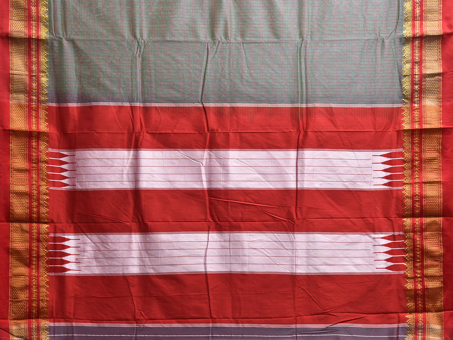 Grey and Red ilkal Viscose Silk Saree with Checks and Contrast Teni Tope Kammi Pallu Design il0022