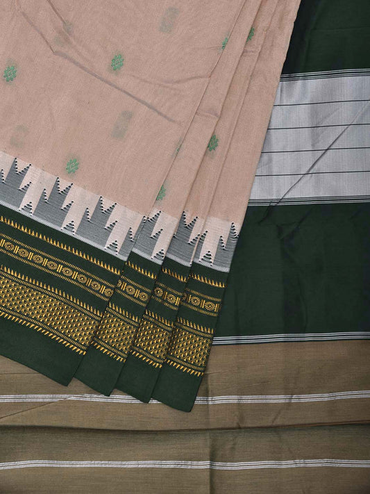 Cream and Green ilkal Viscose Silk Saree with Temple Border and Contrast Teni Tope Kammi Pallu Design il0023