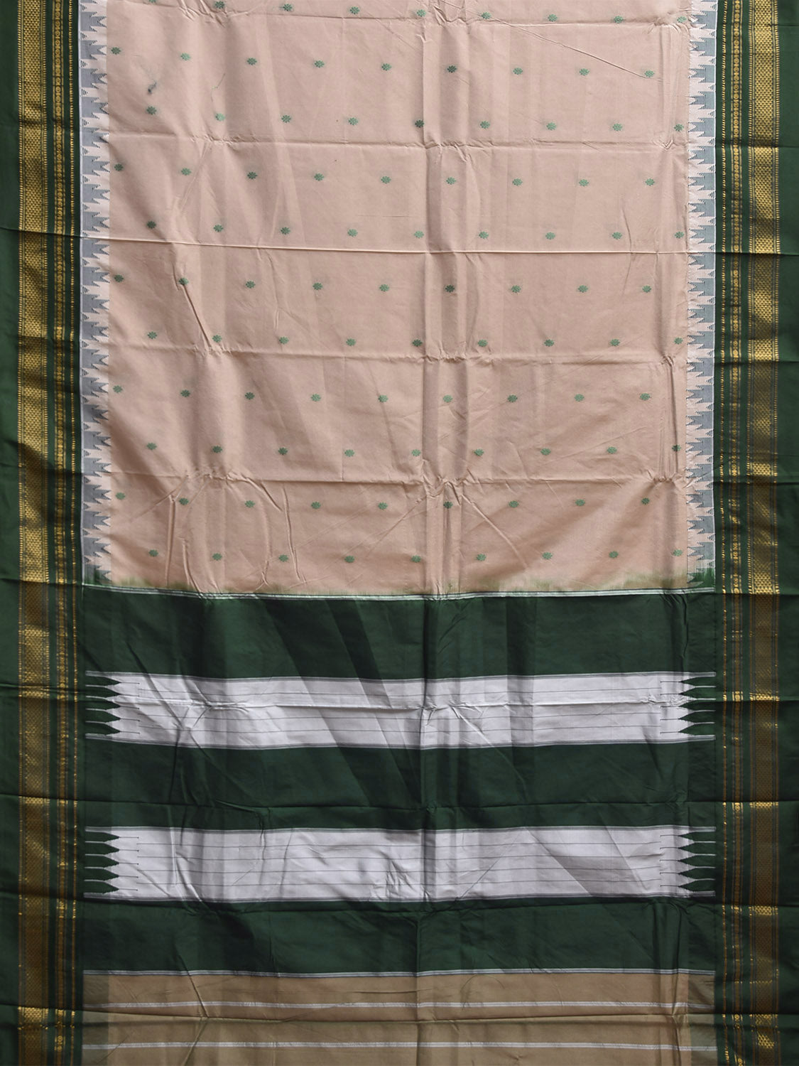 Cream and Green ilkal Viscose Silk Saree with Temple Border and Contrast Teni Tope Kammi Pallu Design il0023