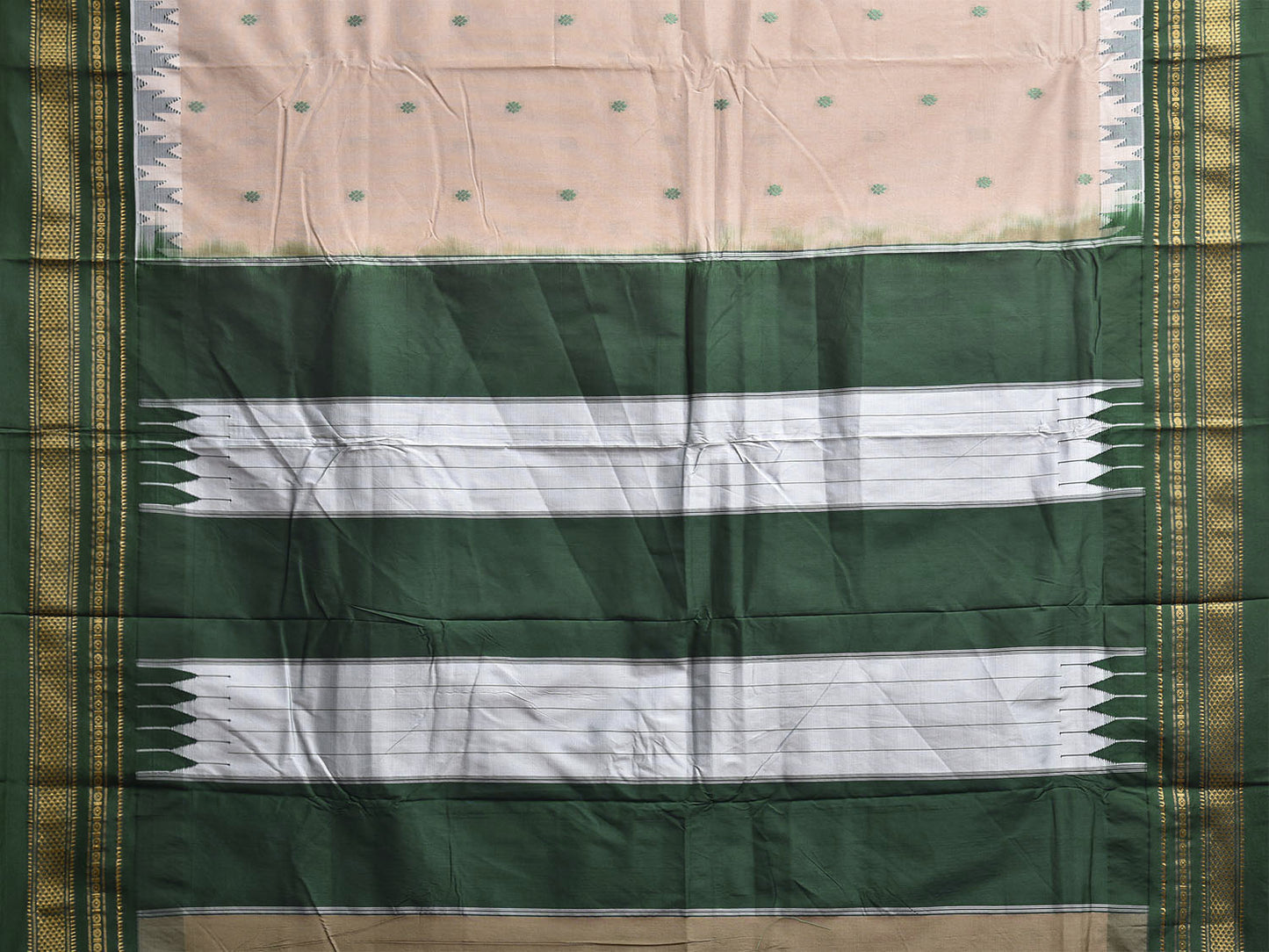 Cream and Green ilkal Viscose Silk Saree with Temple Border and Contrast Teni Tope Kammi Pallu Design il0023