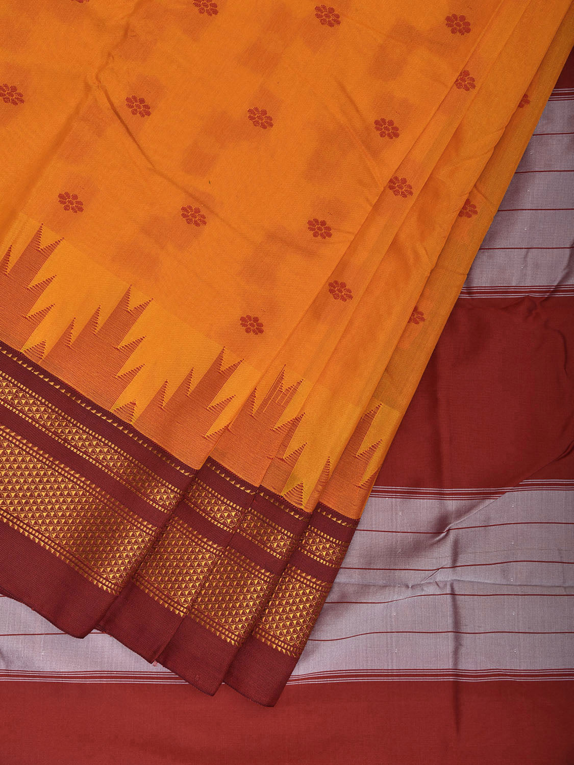 Yellow and Red ilkal Viscose Silk Saree with Temple Border and Contrast Teni Tope Kammi Pallu Design il0024
