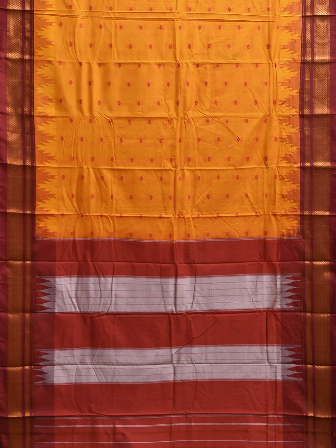 Yellow and Red ilkal Viscose Silk Saree with Temple Border and Contrast Teni Tope Kammi Pallu Design il0024