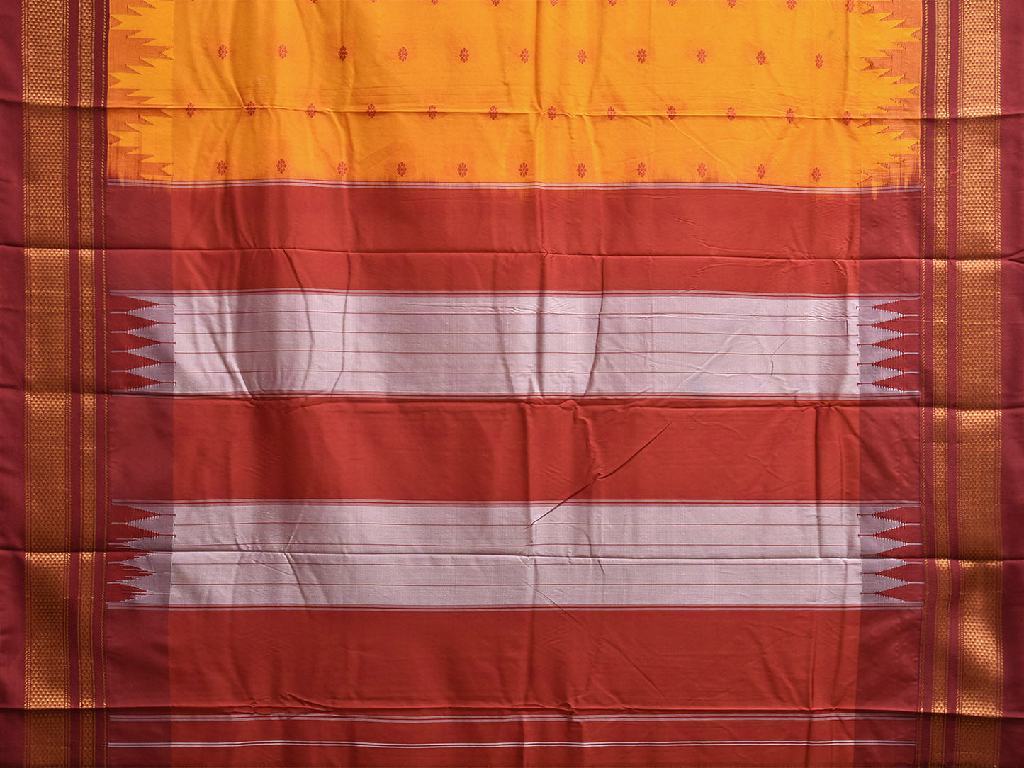 Yellow and Red ilkal Viscose Silk Saree with Temple Border and Contrast Teni Tope Kammi Pallu Design il0024