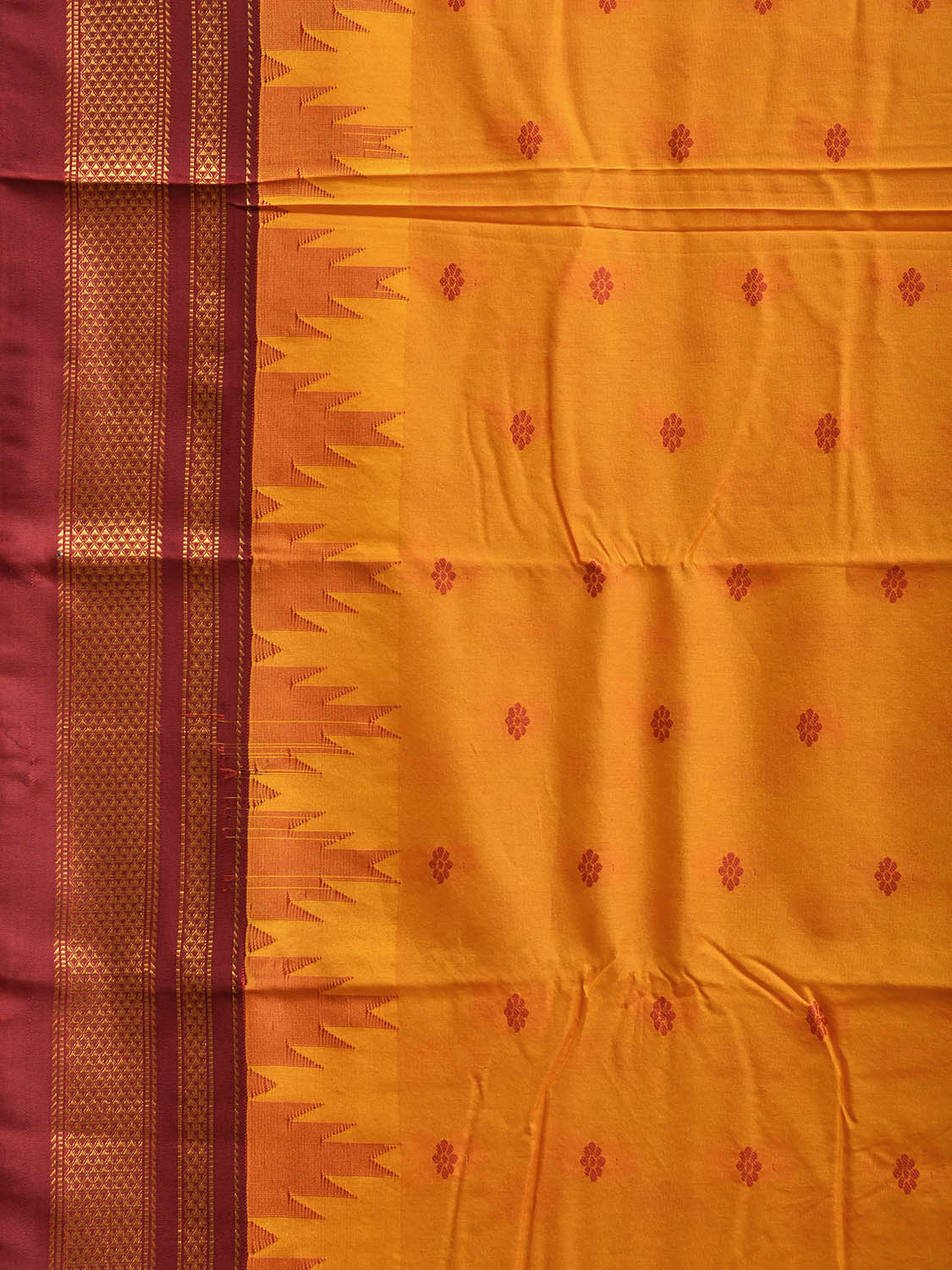 Yellow and Red ilkal Viscose Silk Saree with Temple Border and Contrast Teni Tope Kammi Pallu Design il0024
