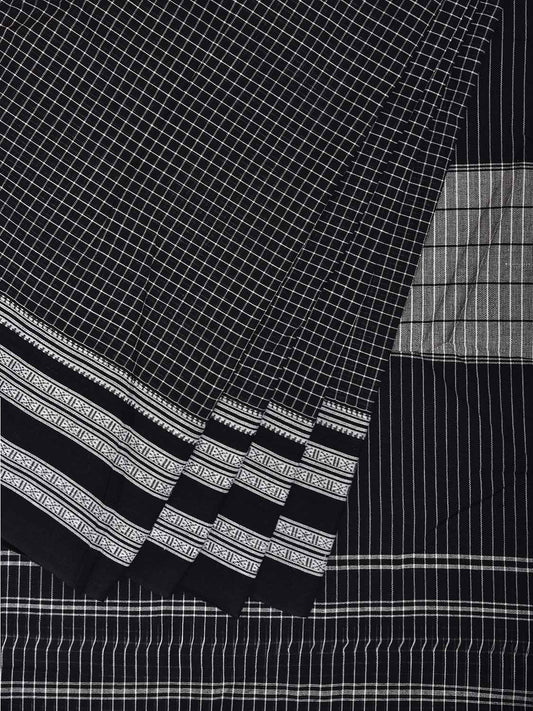 Black and White ilkal Cotton Saree with Checks and Strips Pallu Design No Blouse il0026