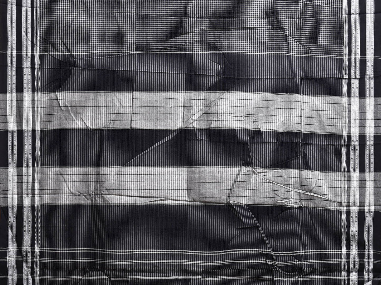 Black and White ilkal Cotton Saree with Checks and Strips Pallu Design No Blouse il0026