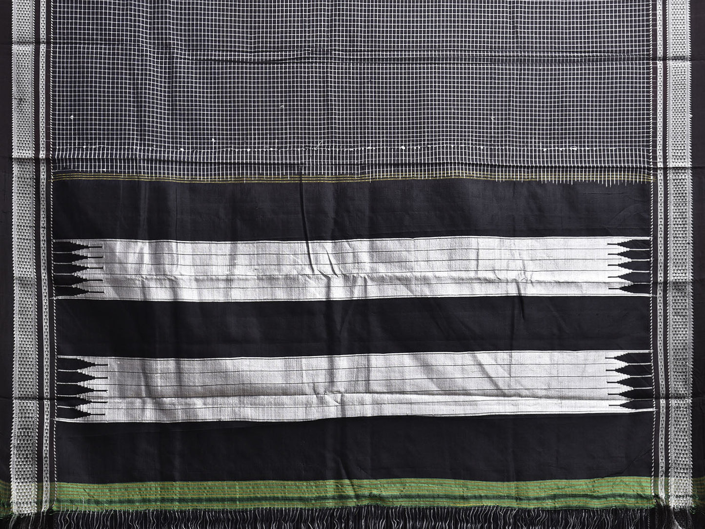 Black and White ilkal Cotton Saree with Checks and Contrast Teni Tope Kammi Pallu Design No Blouse il0028