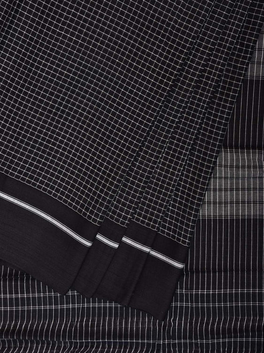 Black and White ilkal Cotton Saree with Checks and Strips Pallu Design No Blouse il0030