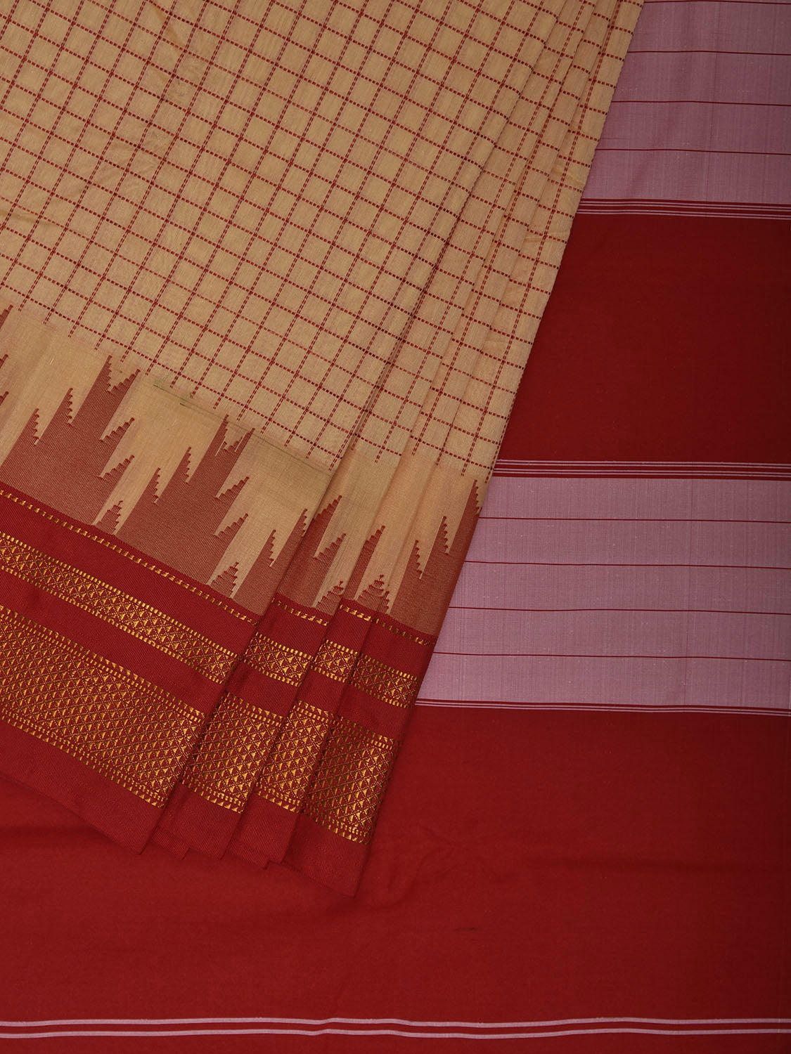 Cream and Red ilkal Viscose Silk Saree with Checks and Temple Border Design il0031