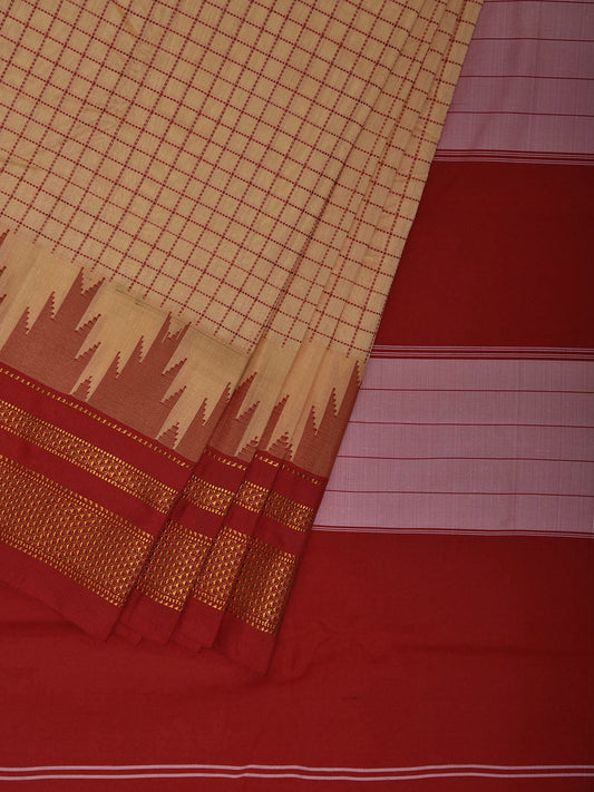 Cream and Red ilkal Viscose Silk Saree with Checks and Temple Border Design il0031