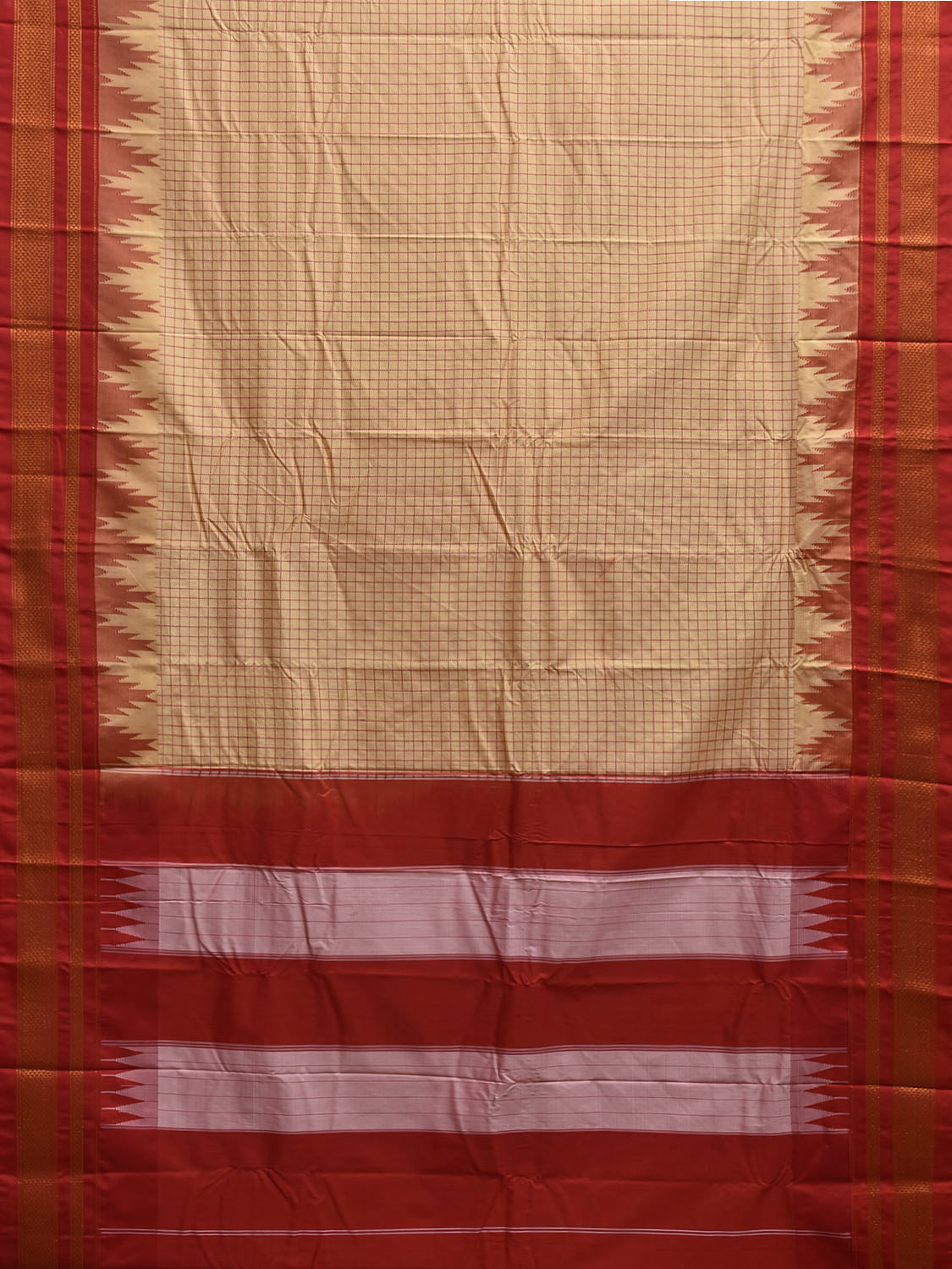 Cream and Red ilkal Viscose Silk Saree with Checks and Temple Border Design il0031
