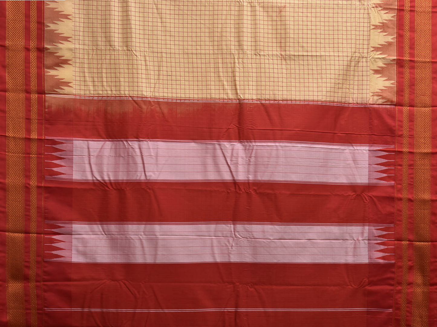 Cream and Red ilkal Viscose Silk Saree with Checks and Temple Border Design il0031