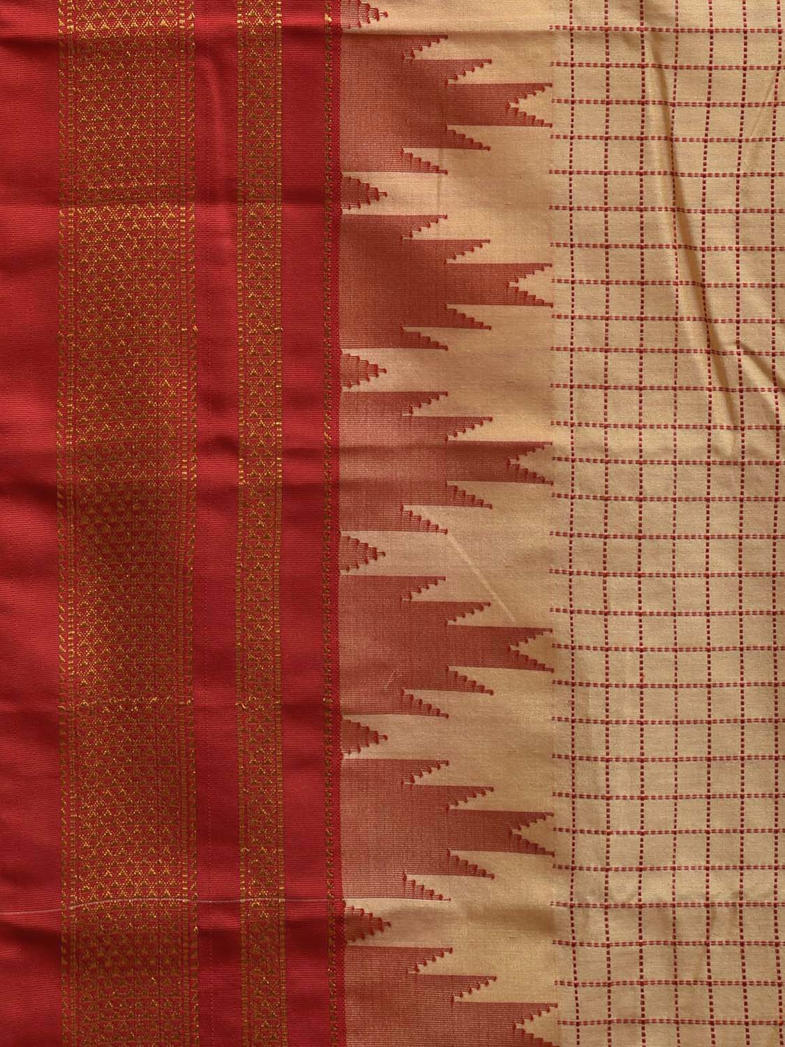 Cream and Red ilkal Viscose Silk Saree with Checks and Temple Border Design il0031