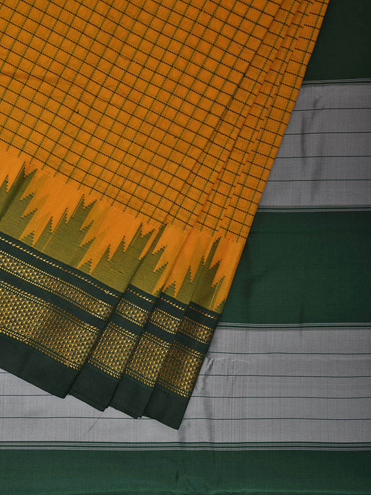 Yellow and Green ilkal Viscose Silk Saree with Checks and Temple Border Design il0032