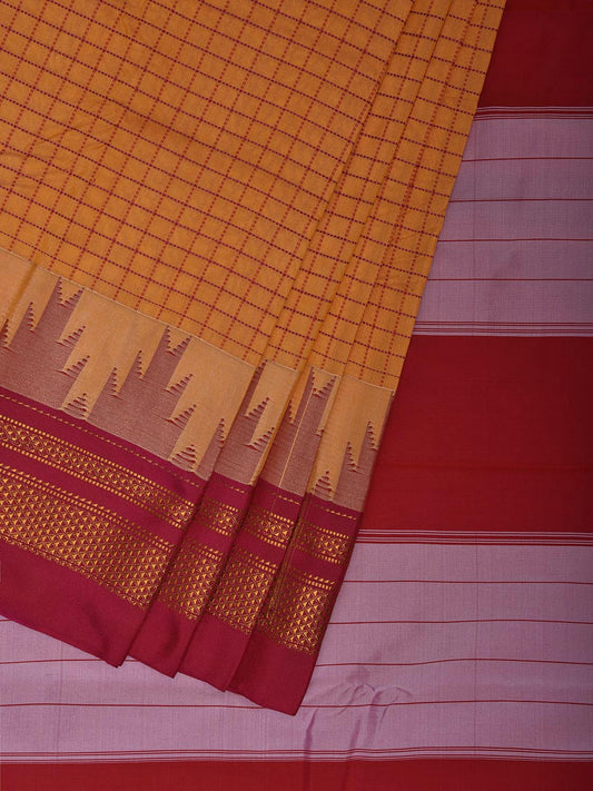 Pink and Yellow ilkal Viscose Silk Saree with Checks and Temple Border Design il0033