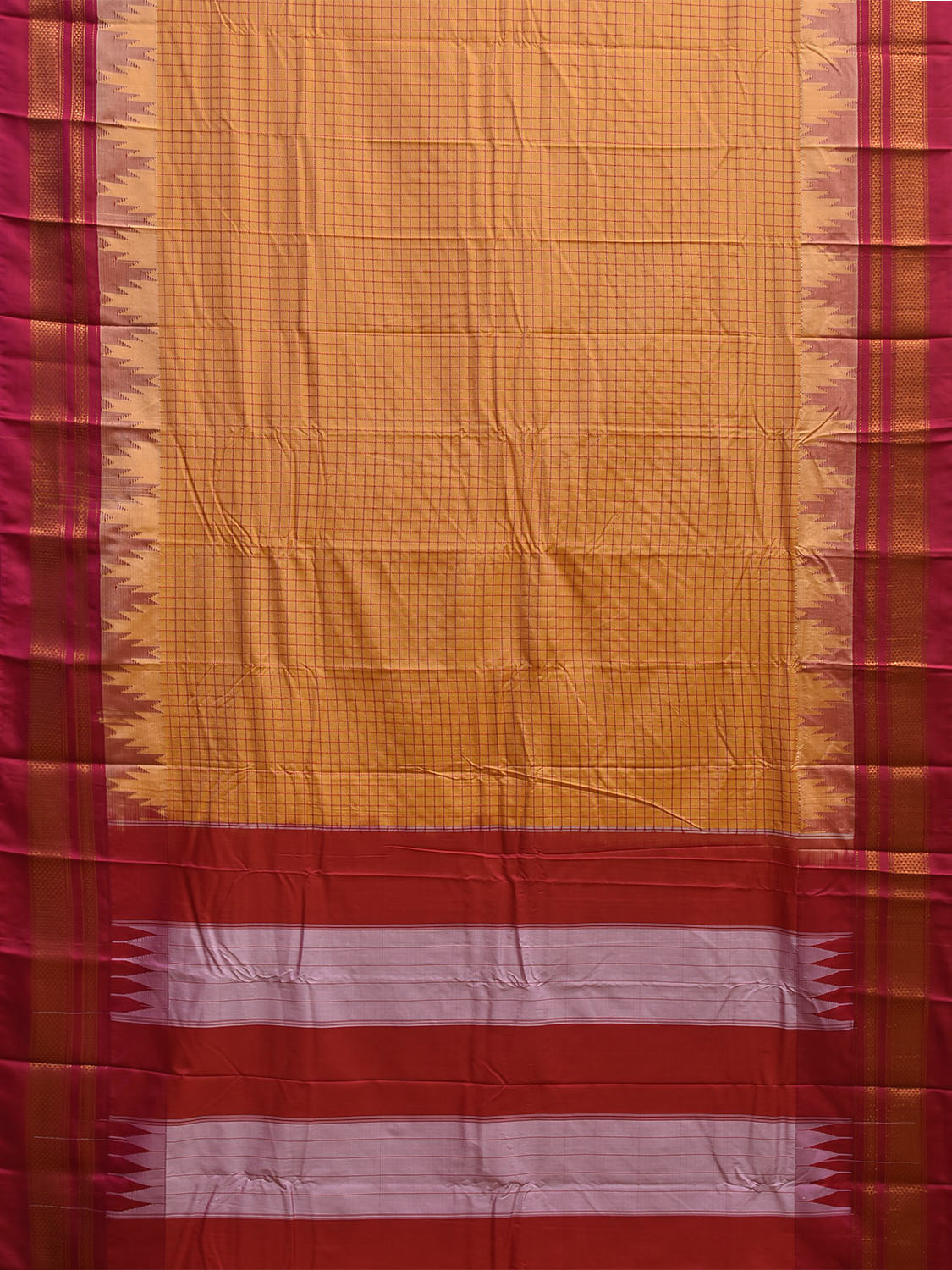 Pink and Yellow ilkal Viscose Silk Saree with Checks and Temple Border Design il0033
