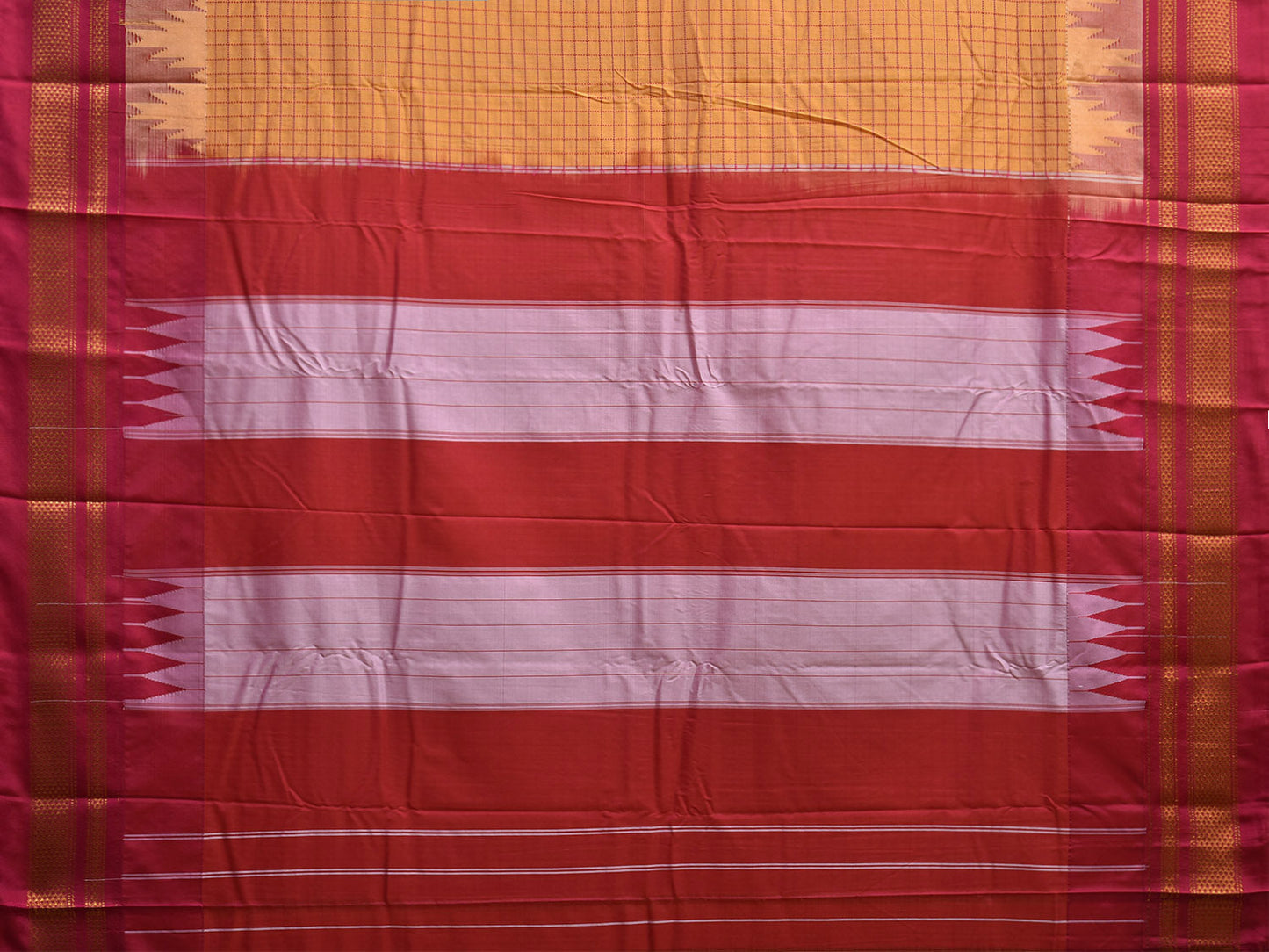 Pink and Yellow ilkal Viscose Silk Saree with Checks and Temple Border Design il0033